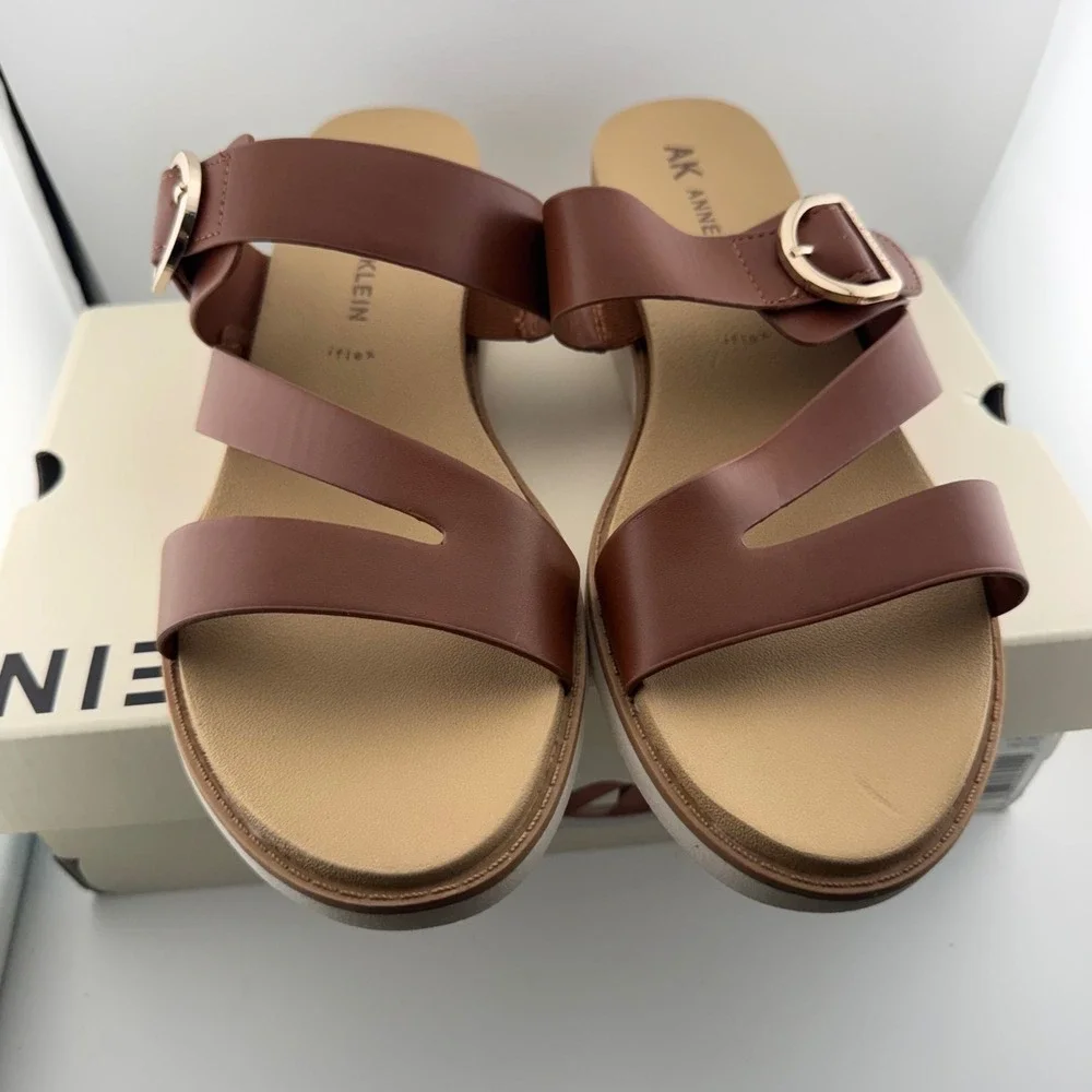 Anne Klein Lalasa Sandal Women 10 Cognac Brown Strap Wedge Buckle Comfort iFlex